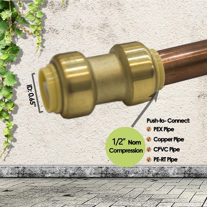 HQMPC Push Fit PEX Fittings Straight Coupling 1/2", Push-to-Connect Copper, CPVC, No Pb Brass Plumbing Fittings (2PCS 1/2 Inch(1/2")) - Image 4